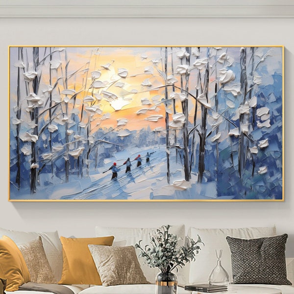 Original Skiing Sports Oil Painting On Canvas, Large Wall Art, Abstract Snow Mountain Art Forest Landscape Painting Winter Decor Home Decor