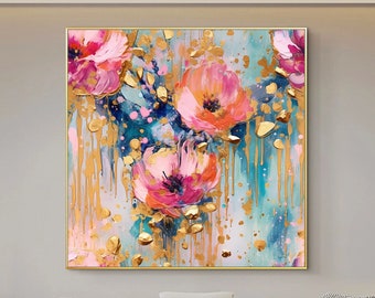 Pittura a olio originale di fiori rosa su tela, grande arte astratta da parete floreale colorata in lamina d'oro, regalo di arredamento per la casa di moda moderna
