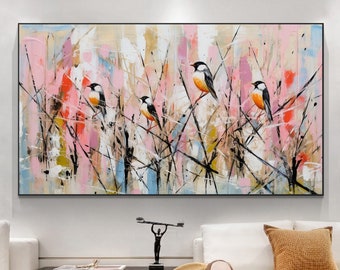 Abstract Birds Oil Painting on Canvas, Large Wall Art Original Branch Landscape Art Colorful Wall Art Custom Painting Living Room Decor Gift