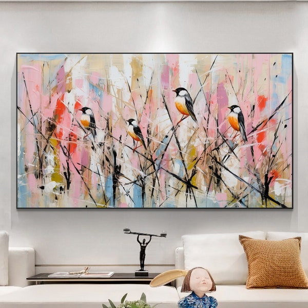 Peinture à l’huile abstraite d’oiseaux sur toile, grand art mural branche originale art paysager art mural coloré peinture personnalisée salon décor cadeau