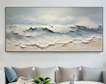 Minimalist Ocean Wave Oil Painting on Canvas, Large Wall Art,Original Abstract Seascape Painting Beach Decor Boho Wall Decor Living Room Art