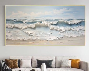 Pittura a olio originale dell'onda dell'oceano su tela, grande arte da parete, pittura astratta del paesaggio marino, decorazione da spiaggia, decorazione da parete Boho, arte del soggiorno