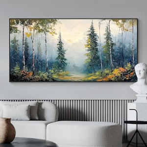 抽象的な緑の森の魔法のキャンバス油絵、大規模なオリジナルファンタジー風景テクスチャ絵画、カスタムソファの背景の壁の装飾