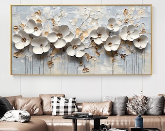 Original 3D Texture White Flower Canvas Oil Painting, Abstract Neutral Tone Painting, Large Floral Scenery Art, Fancy Living Room Wall Decor