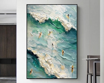 May include: A painting of a large wave with surfers riding the crest. The wave is painted in shades of blue and green, with white foam. The surfers are small figures in the painting, and their surfboards are yellow.