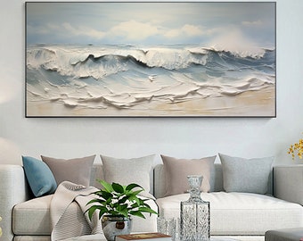 Minimalist Ocean Wave Oil Painting on Canvas, Large Wall Art, Original Abstract Seascape Painting, Beach Decor, Boho Living Room Wall Decor
