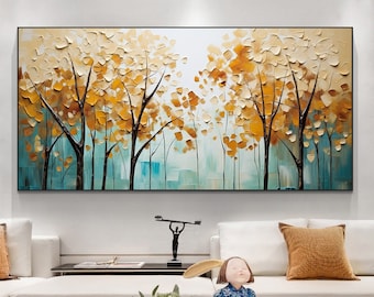 Pintura al óleo original del paisaje del bosque sobre lienzo, arte de la pared grande, arte abstracto del árbol amarillo decoración de otoño pintura personalizada decoración de la sala de estar