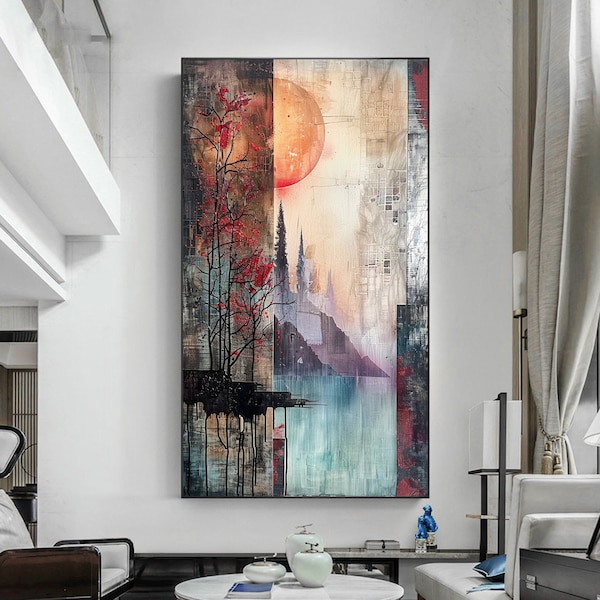 Abstract Lake Landscape Oil Painting on Canvas, Large Wall Art Original Mountain Art Tree Wall Art, Boho Wall Decor Living Room Wall Decor