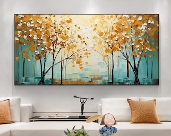 Pintura al óleo original del paisaje del bosque sobre lienzo Arte de la pared grande Arte abstracto de la pared del árbol amarillo Pintura personalizada Decoración de la sala de estar Decoración de otoño