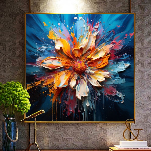 Peinture à l’huile de fleur colorée extra grande sur toile, art mural sur toile, art floral abstrait en fleurs, décoration originale minimaliste de la maison du salon