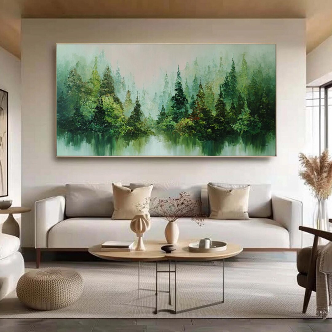 Large Green Forest Oil Painting, Original Textured Landscape Wall Art ...