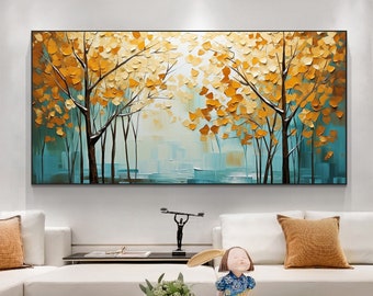 Pintura al óleo abstracta del paisaje del otoño sobre lienzo, arte de la pared grande, arte del bosque original decoración del árbol amarillo pintura personalizada decoración de la sala de estar