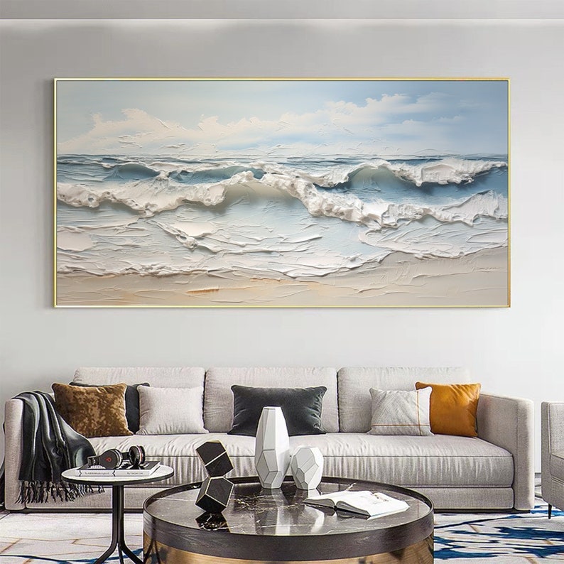 Original Ocean Wave Oil Painting on Canvas, Large Wall Art, Abstract Sea Landscape Painting Beach Decor, Boho Wall Decor Living Room Art