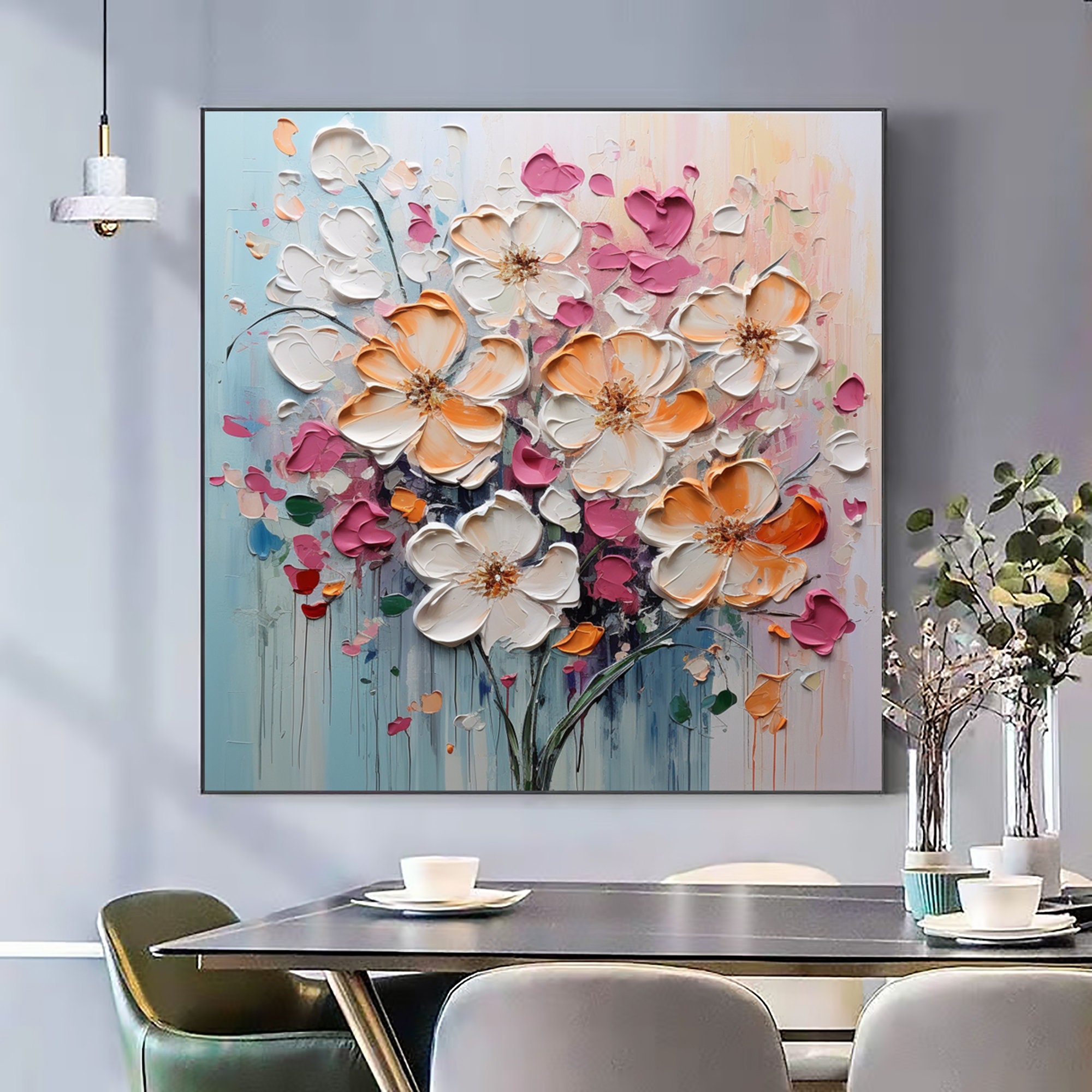Abstract Flower Oil Painting on Canvas, Large Wall Art, Original Floral ...