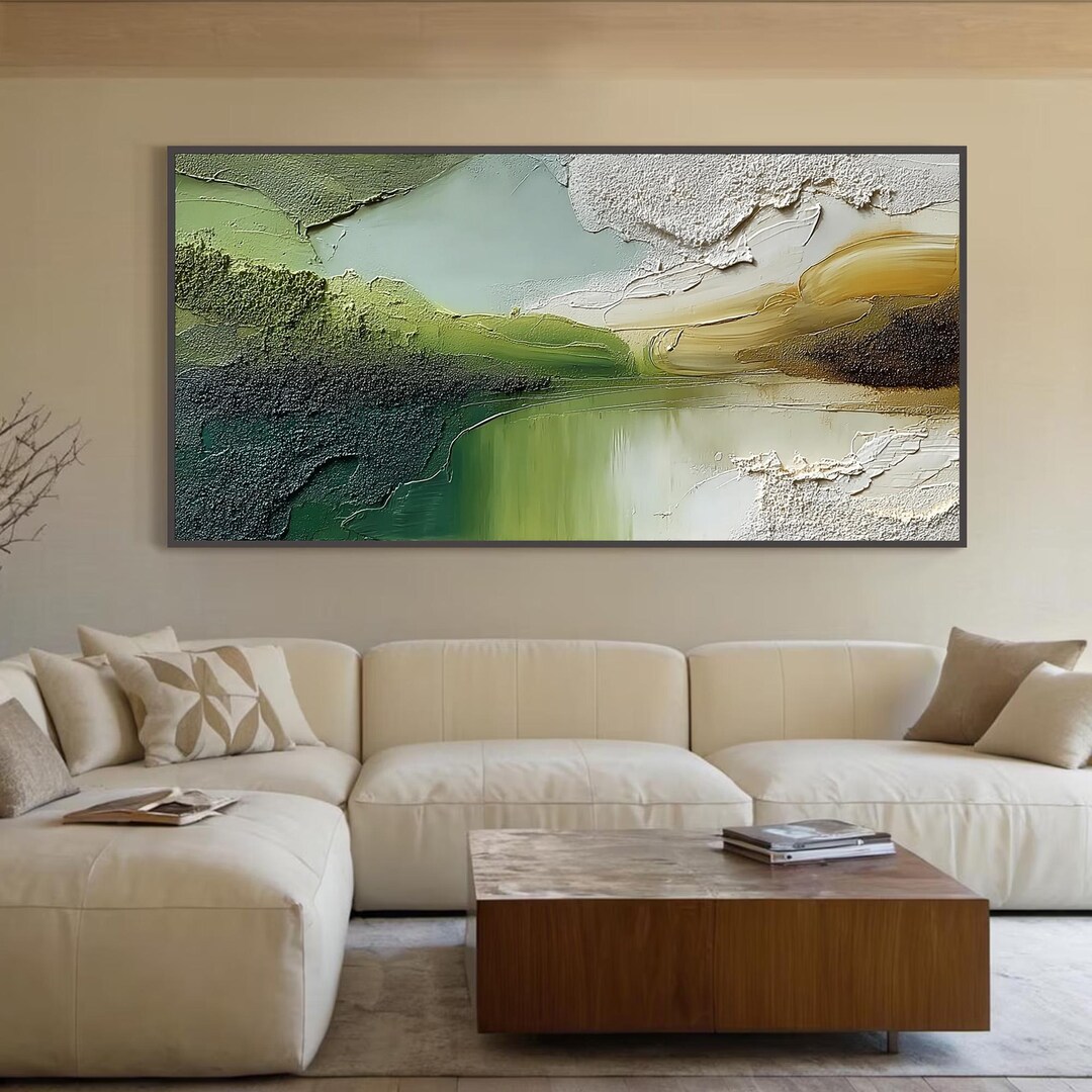 Abstract Green Landscape Oil Painting, Heavy Texture Nature Wall Art ...