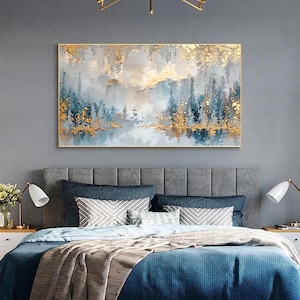 Large Abstract Forest Oil Painting on Canvas, Original Large Gold Leaf Wall Art, Custom Nature Landscape Painting, Living Room Home Decor