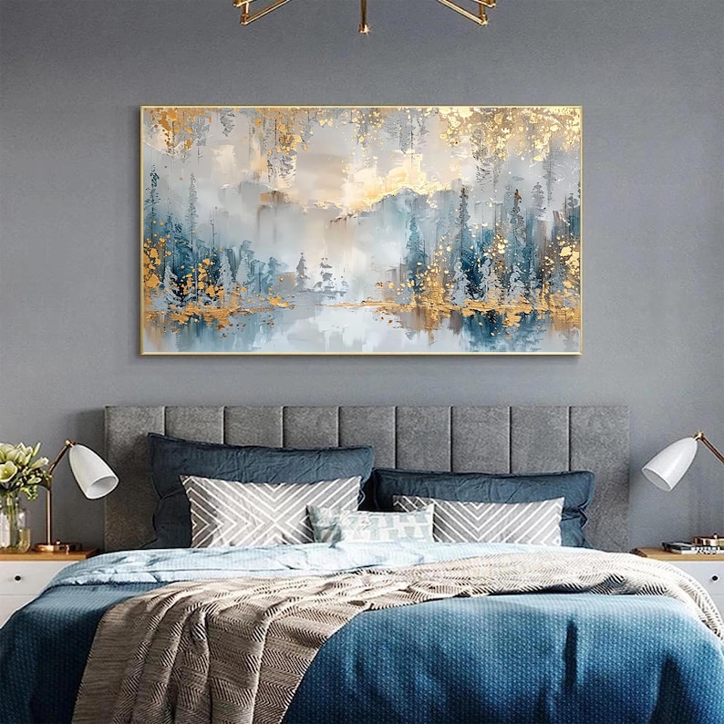 Large Abstract Forest Oil Painting on Canvas, Original Large Gold Leaf Wall Art, Custom Nature Landscape Painting, Living Room Home Decor