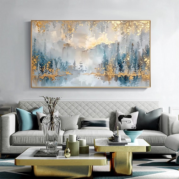 Large Abstract Forest Oil Painting on Canvas, Original Large Gold Leaf Wall Art, Custom Nature Landscape Painting, Living Room Home Decor