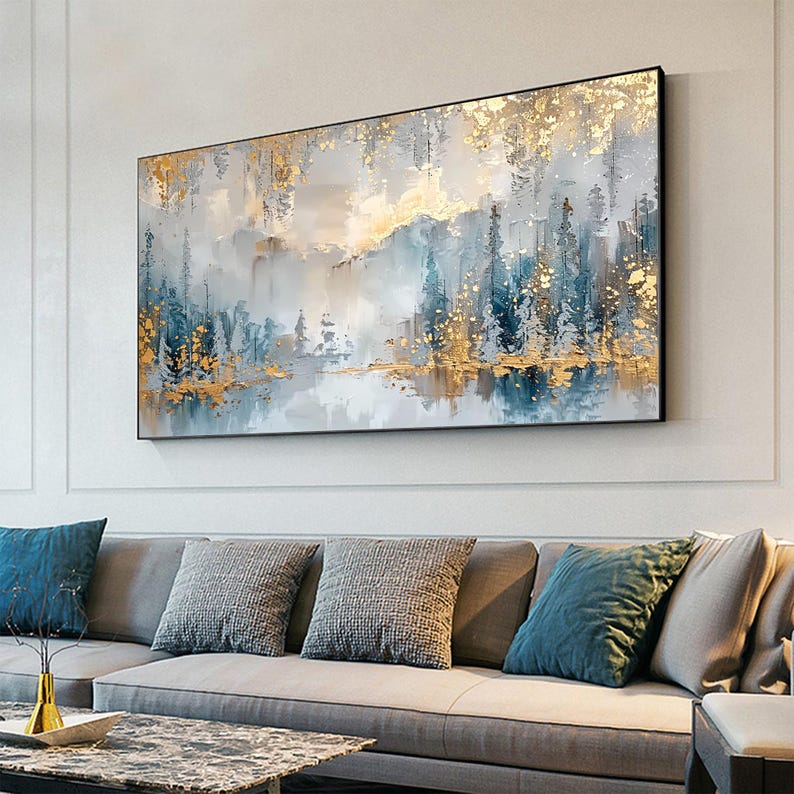 Large Abstract Forest Oil Painting on Canvas, Original Large Gold Leaf Wall Art, Custom Nature Landscape Painting, Living Room Home Decor