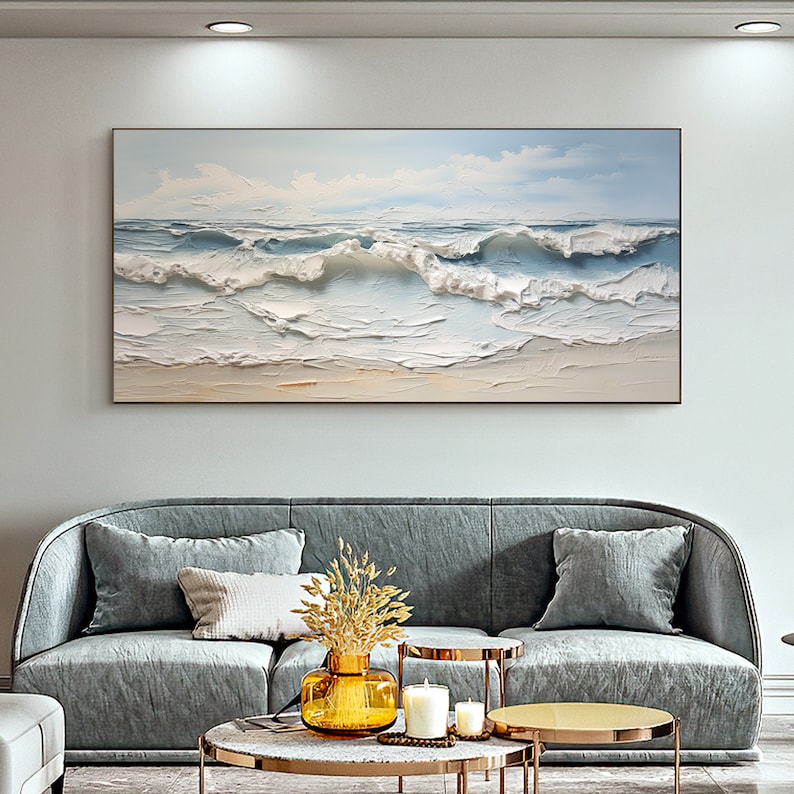 Original Ocean Wave Oil Painting on Canvas, Large Wall Art, Abstract Sea Landscape Painting Beach Decor, Boho Wall Decor Living Room Art