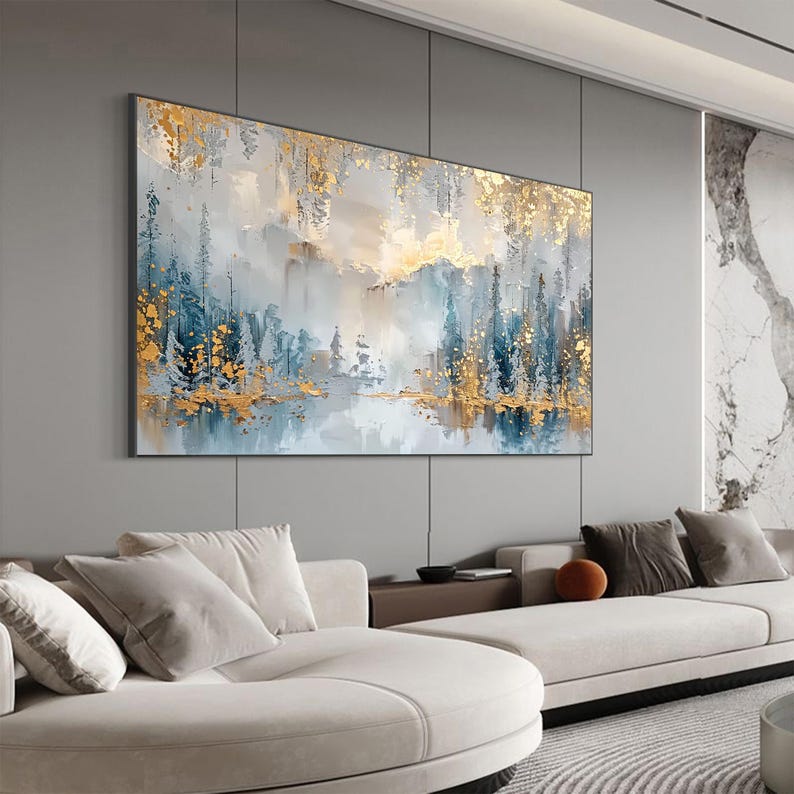 Large Abstract Forest Oil Painting on Canvas, Original Large Gold Leaf Wall Art, Custom Nature Landscape Painting, Living Room Home Decor
