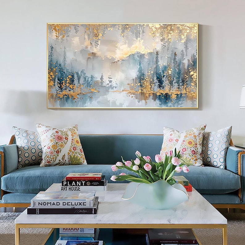 Large Abstract Forest Oil Painting on Canvas, Original Large Gold Leaf Wall Art, Custom Nature Landscape Painting, Living Room Home Decor