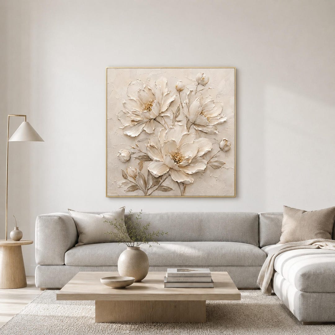 textured-white-peony-oil-painting-cream-floral-gold-accent-wall-decor