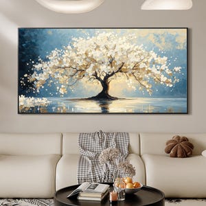 Abstract White Flowering Tree Painting, Original Tree Landscape Painting Canvas, Large Texture Wall Art, Custom Living Room Sofa Wall Decor