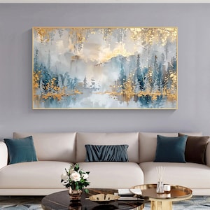 Large Abstract Forest Oil Painting on Canvas, Original Large Gold Leaf Wall Art, Custom Nature Landscape Painting, Living Room Home Decor