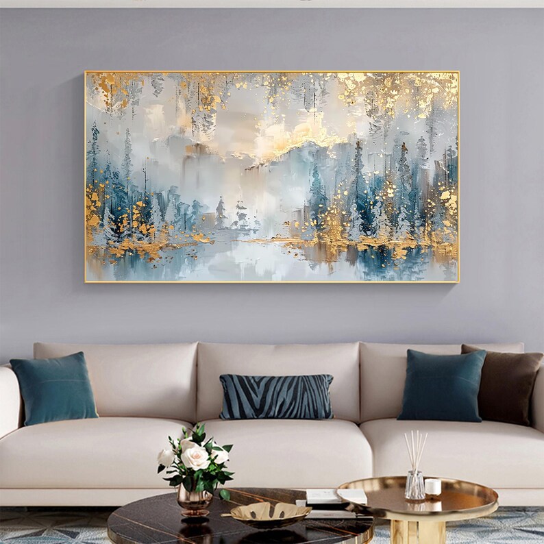 Large Abstract Forest Oil Painting on Canvas, Original Large Gold Leaf Wall Art, Custom Nature Landscape Painting, Living Room Home Decor