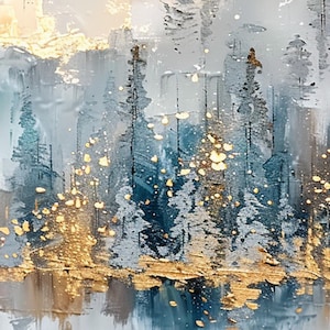 Large Abstract Forest Oil Painting on Canvas, Original Large Gold Leaf Wall Art, Custom Nature Landscape Painting, Living Room Home Decor