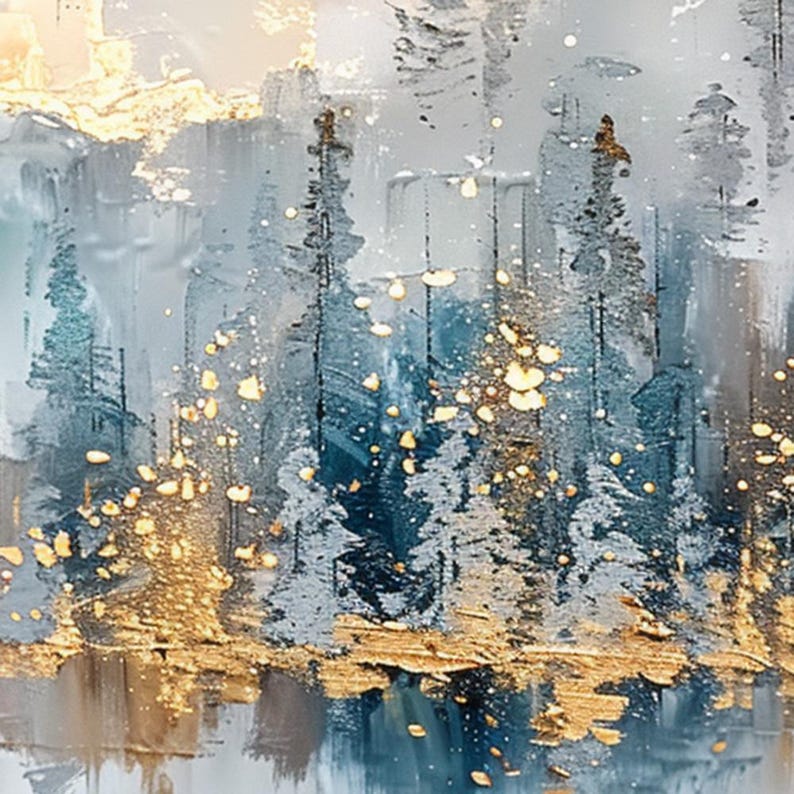 Large Abstract Forest Oil Painting on Canvas, Original Large Gold Leaf Wall Art, Custom Nature Landscape Painting, Living Room Home Decor