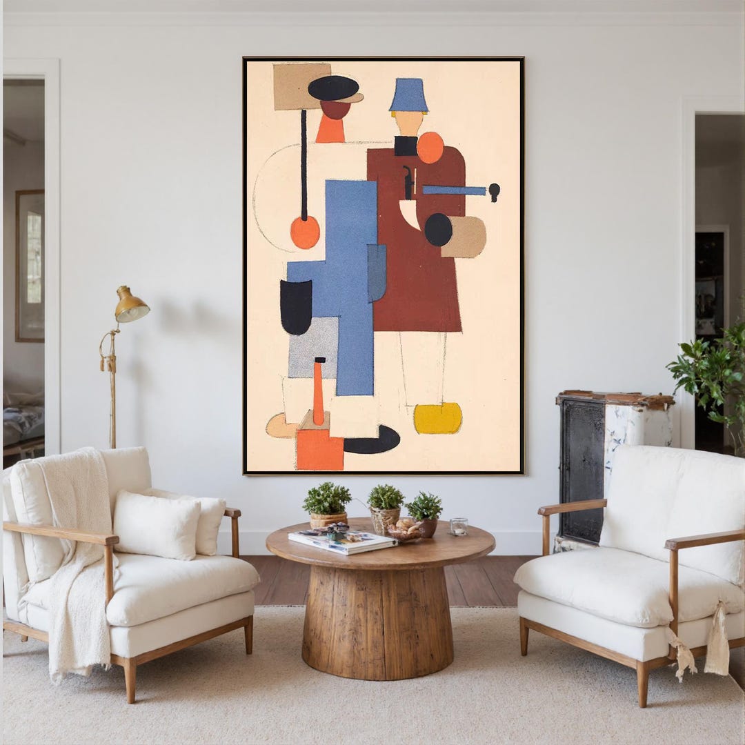 Original Abstract Figure Oil Painting, Large Colorful Cubist Canvas Art ...