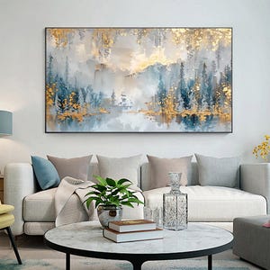 Large Abstract Forest Oil Painting on Canvas, Original Large Gold Leaf Wall Art, Custom Nature Landscape Painting, Living Room Home Decor