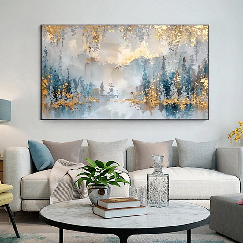 Large Abstract Forest Oil Painting on Canvas, Original Large Gold Leaf Wall Art, Custom Nature Landscape Painting, Living Room Home Decor