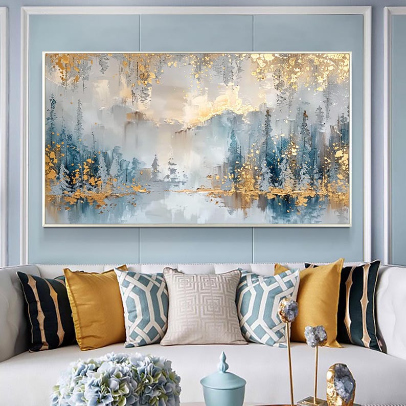 Large Abstract Forest Oil Painting on Canvas, Original Large Gold Leaf Wall Art, Custom Nature Landscape Painting, Living Room Home Decor