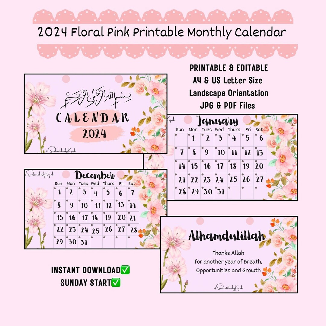2024 Floral Pink Islamic Monthly Calendar Desk and Wall Etsy