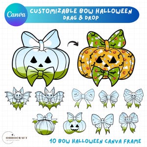 May include: A set of 10 customisable Halloween bow graphics for Canva. The graphics feature a pumpkin with a jack-o-lantern face, bats, and bows in various colours and patterns. The text "CUSTOMIZABLE BOW HALLOWEEN DRAG & DROP" and "10 BOW HALLOWEEN CANVA FRAME" is included in the image.