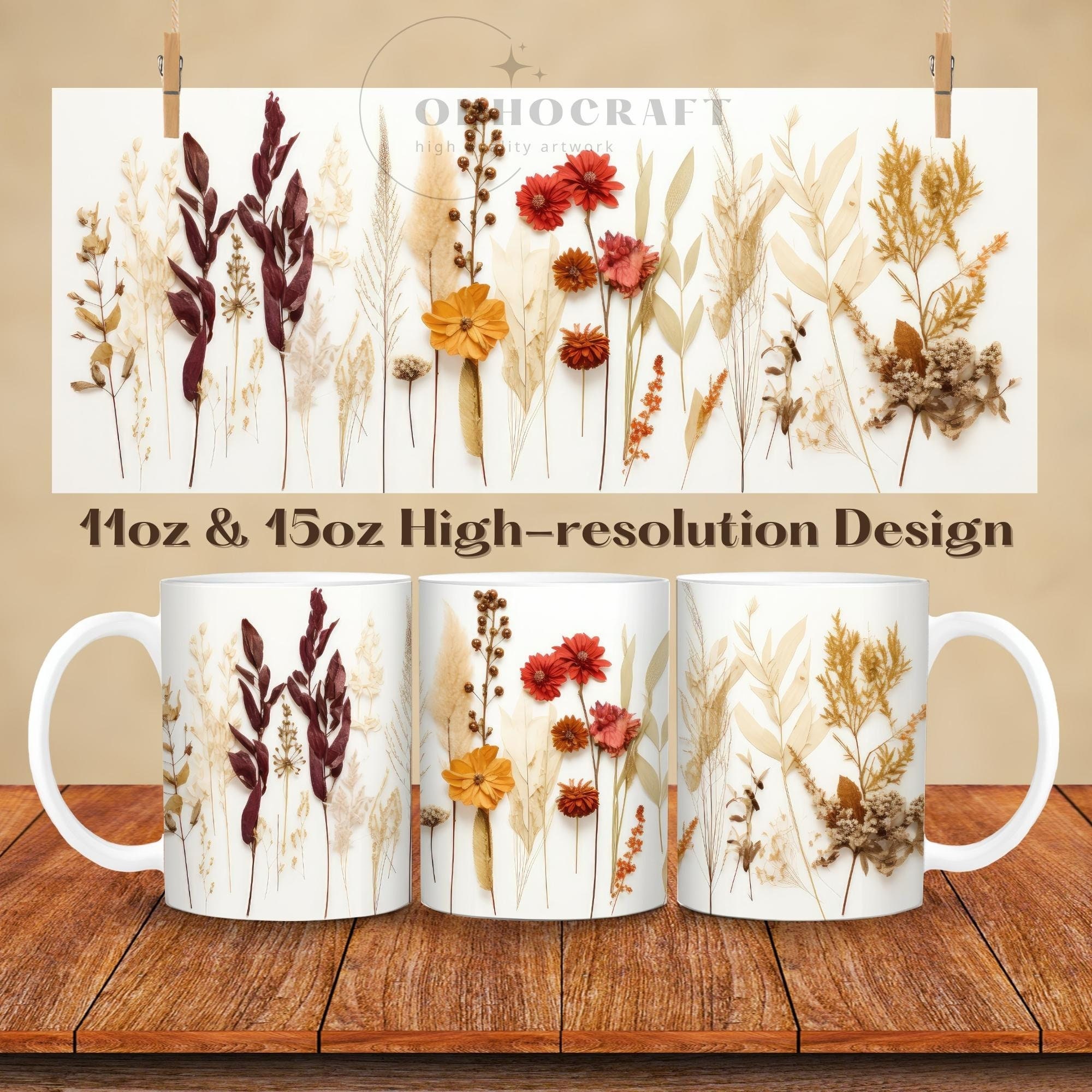 Pressed Flower Mug Wrap Sublimation Design, Paper Wraps, Digital ...