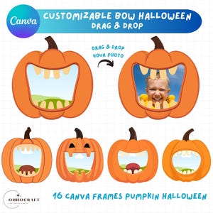 Könnte beinhalten: 16 anpassbare Halloween-Kürbis-Bilderrahmen für Canva. Die Rahmen zeigen verschiedene Kürbis-Ausdrücke mit offenem Mund und Zähnen, und einen mit einem lächelnden Gesicht. Der Text "DRAG & DROP YOUR PHOTO" ist im Bild enthalten.