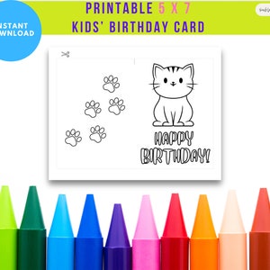 KIDS BIRTHDAY CARD | Coloring Page | Instant Download | Printable | 5 x 7 | Happy Birthday | Cat | Kitten