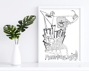 B&W Minnesota Minneapolis Cityscape Art | Modern MN Line Drawing Wall Art