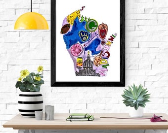Wisconsin State Art Print – Madison Landmarks, Sports & Cheese Illustration | Colorful WI Wall Decor
