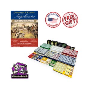 May include: Commands & Colors Napoleonics The Grand Battles Expansion board game box cover featuring a historical battle scene with soldiers on horseback, alongside a large collection of organized plastic game tokens in red, blue, yellow, and white trays.
