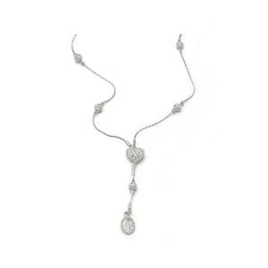 Rhodium Silver Heart Necklace, Rhinestone Rosary Necklace, Heart Charm Necklace, Protection Necklace, Everyday Necklace