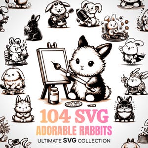 Può includere: Una collezione di 104 immagini SVG in bianco e nero di coniglietti adorabili in varie pose e attività. Il testo "104 SVG Adorable Rabbits Ultimate SVG Collection" è visualizzato nella parte inferiore dell'immagine.