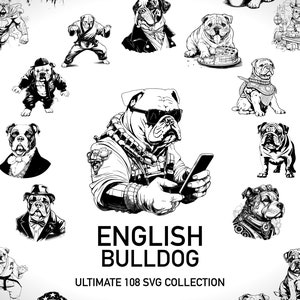 Bulldog inglese cane Svg Clipart Silhouette Svg - 108 taglia file Svg Bulldog britannici animale Svg - adesivo cane con sfondo trasparente