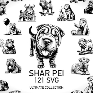 May include: A collection of 121 black and white SVG illustrations of Shar Pei dogs in various poses and activities. The illustrations include dogs skateboarding, wearing hats, playing with toys, and more. The text "Shar Pei 121 SVG Ultimate Collection" is displayed at the bottom of the image.