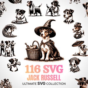 Op de afbeelding: Een verzameling van 116 SVG-afbeeldingen met Jack Russell Terriërs in verschillende poses en outfits. De afbeeldingen bevatten een Jack Russell met een heksenhoed, een Jack Russell die een bot vasthoudt, een Jack Russell met een hoge hoed en nog veel meer. De tekst "116 SVG Jack Russell Ultimate SVG Collection" wordt onderaan de afbeelding weergegeven.