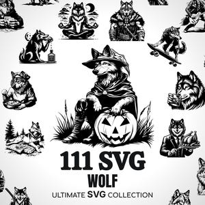 May include: A collection of 111 black and white wolf SVG designs. The designs feature wolves in various poses, including howling, sitting, and standing. The text "111 SVG WOLF ULTIMATE SVG COLLECTION" is displayed at the bottom of the image.